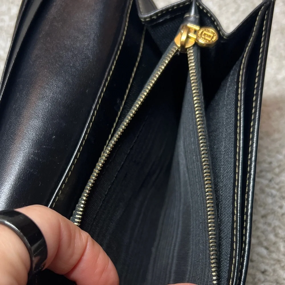 FENDI Black and Brown Striped Continental Wallet with Gold Tone Chain